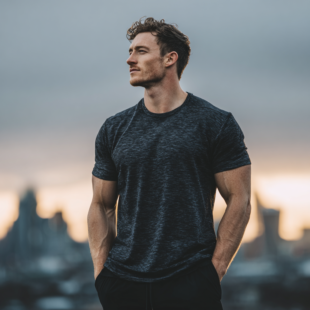 Determined man in athletic wear looking confidently towards the future with city skyline background
