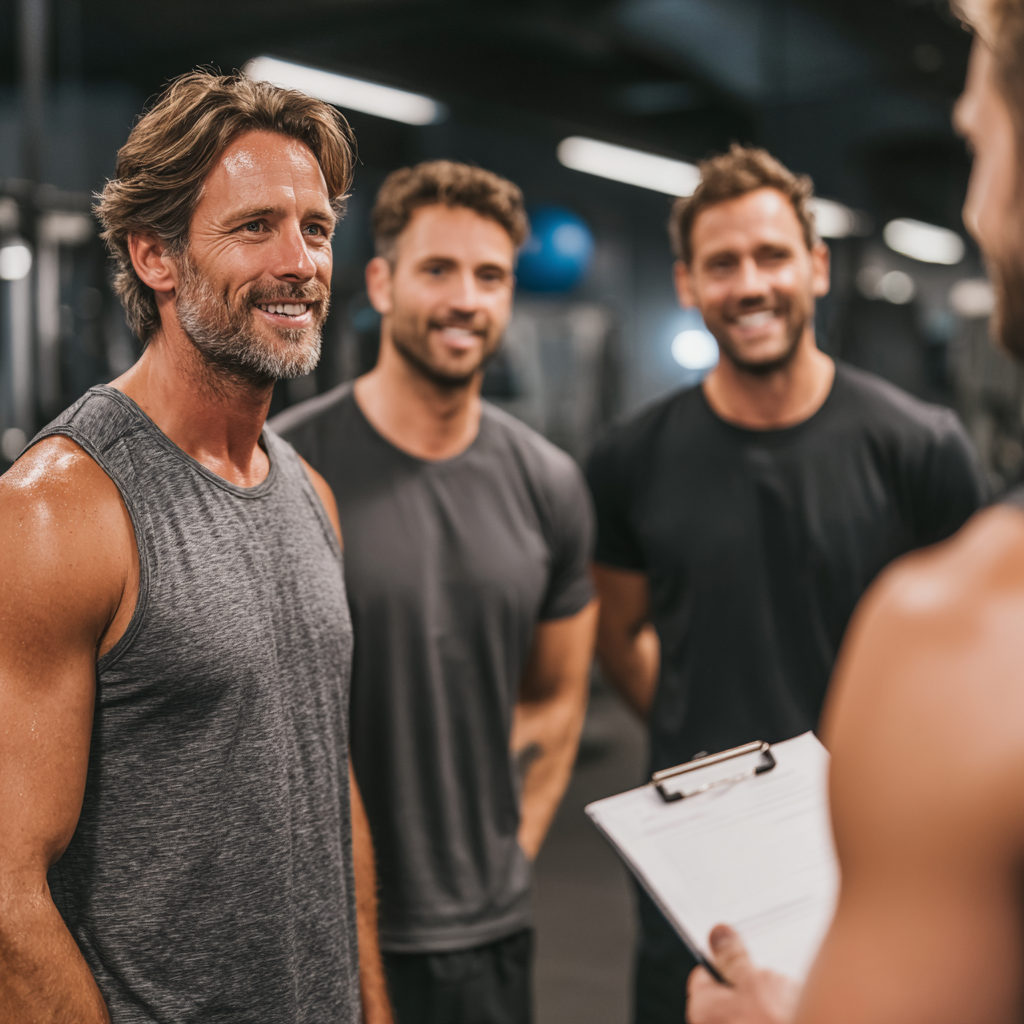 Group of motivated men in fitness studio discussing workout plans and supporting each other