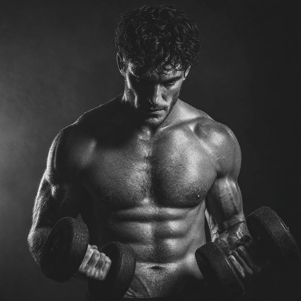 Strong confident man in gym setting lifting weights with determination and focus